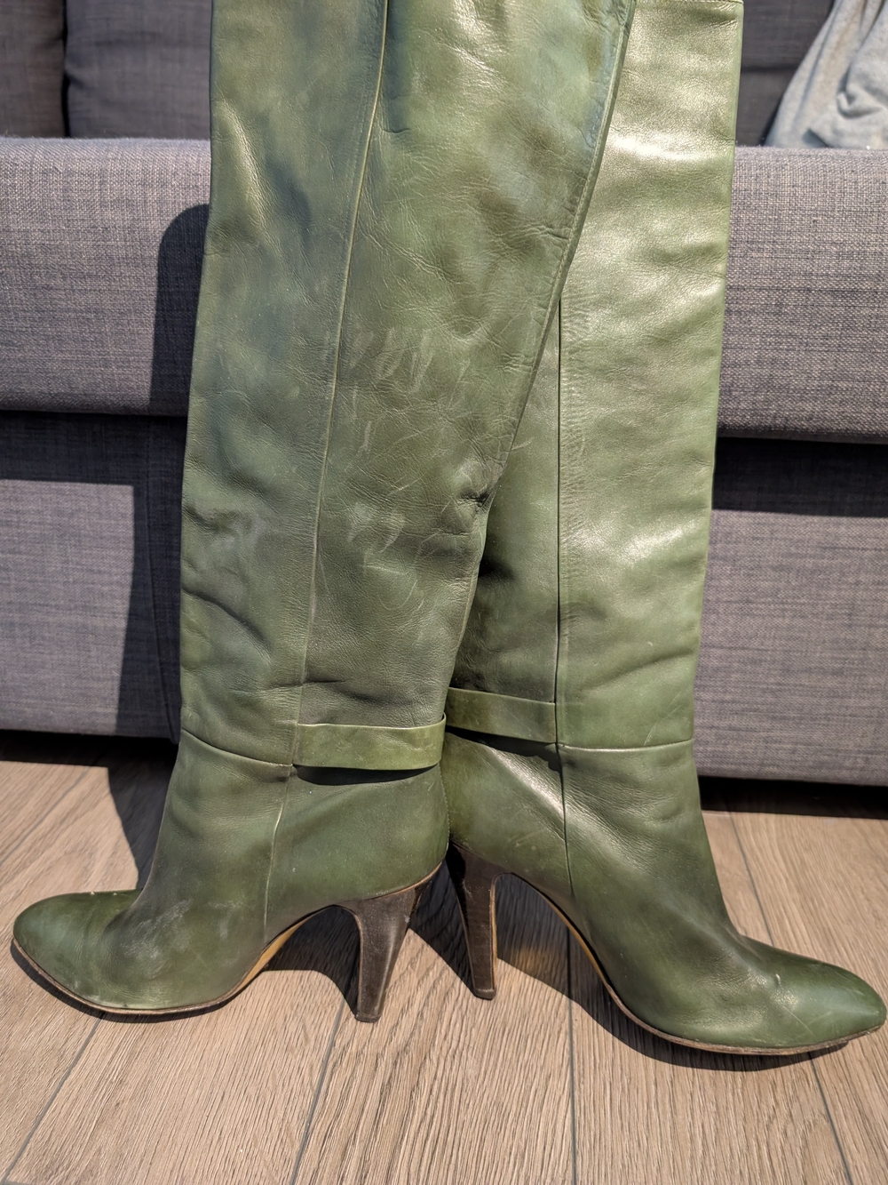 Kenneth Cole New York Olive Green Leather Over-the-Knee High-Heel Boots